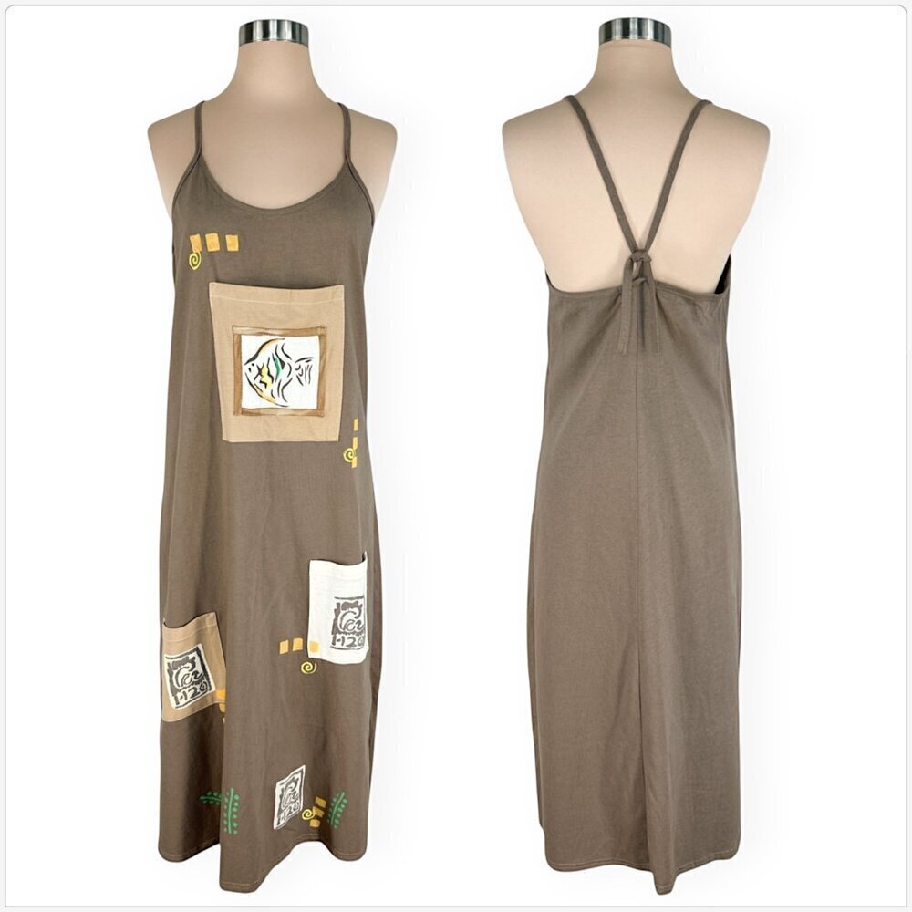 Crazy Fish Hawaii Tan Beige Fish Pattern Artsy Multi Pocket Midi Summer Dress S